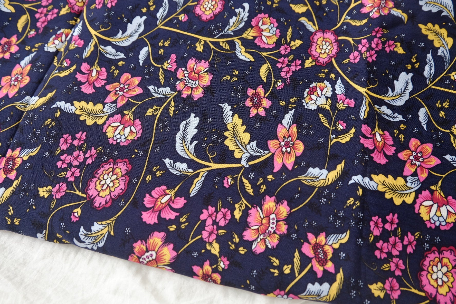 Double Border Floral Rayon Fabric in Navy and Pink, Soft & Drapey, 3.3 Yards