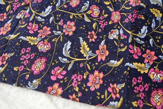 Double Border Floral Rayon Fabric in Navy and Pink, Soft & Drapey, 3.3 Yards