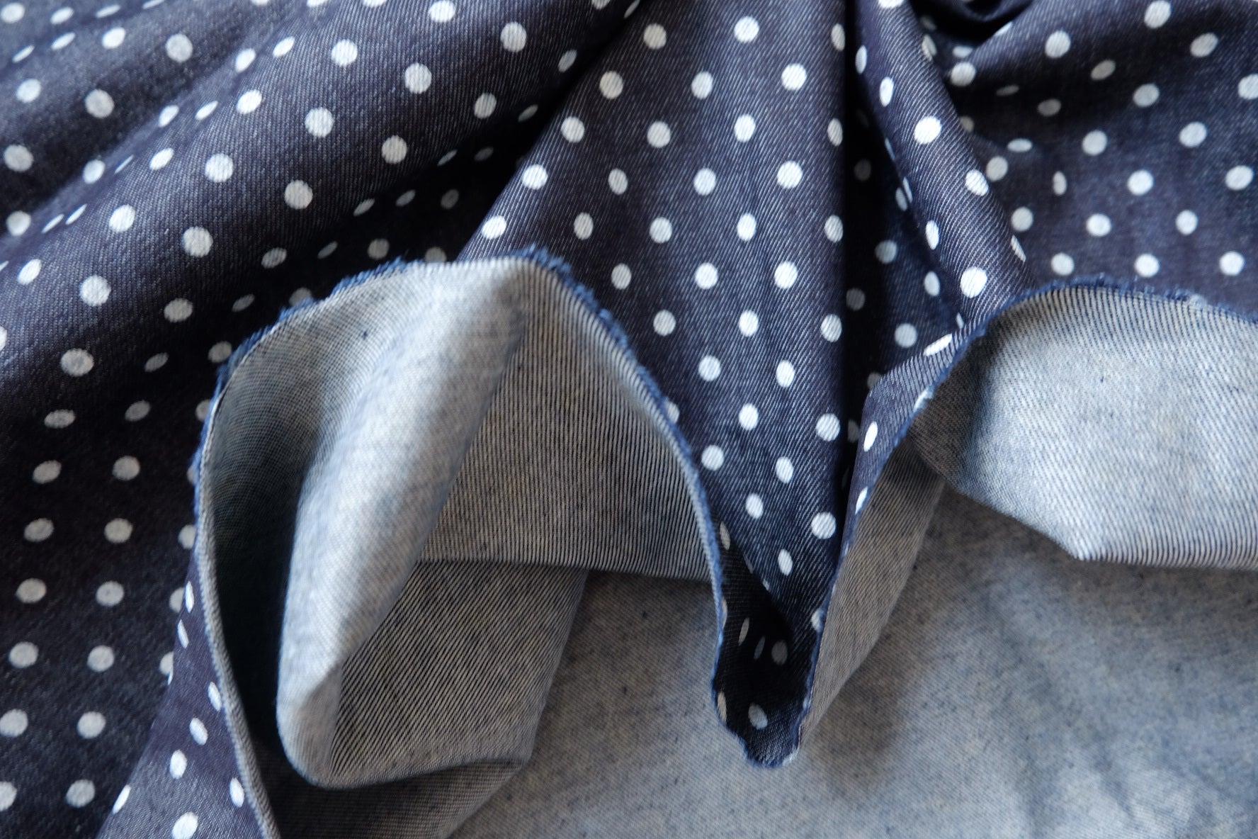 Navy Polka Dot Cotton Denim, Extra Wide Width, 1.64 Yards