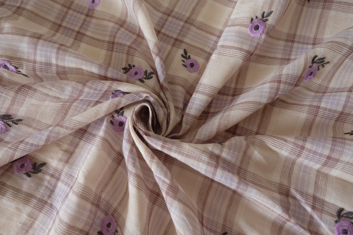 Lavender Flowers on Vintage Plaid – Embroidered Cotton – 1.4 yd