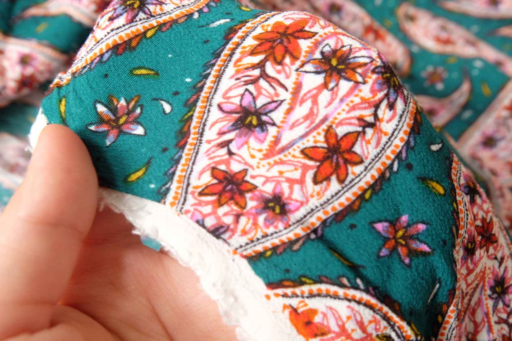 Teal Paisley Floral Textured Cupro Fabric,  1.86/2.2 Yards