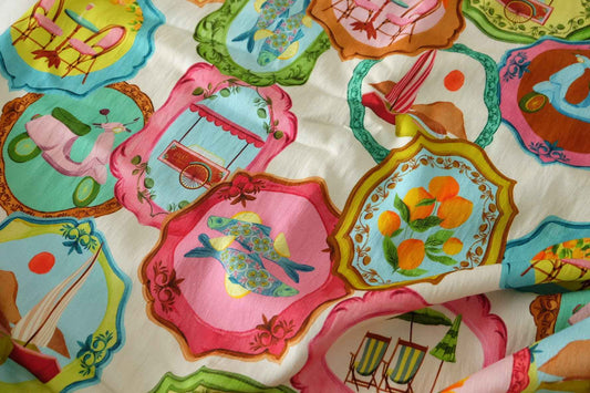 Vintage Travel Print Tencel Cotton Linen Blend Fabric – 2.2 yd