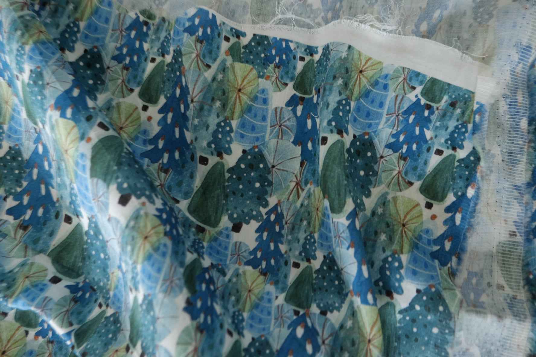 Blue Green Botanical Cotton Sateen Fabric – 1.6 yd