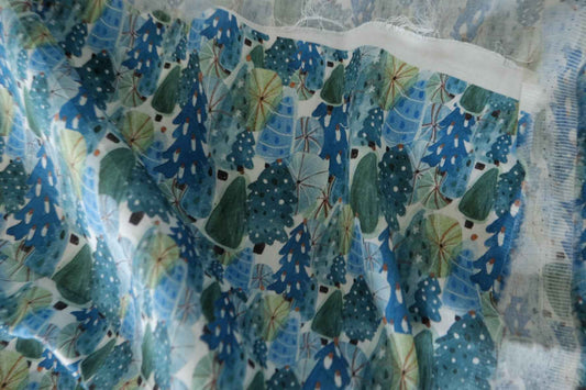 Blue Green Botanical Cotton Sateen Fabric – 1.6 yd