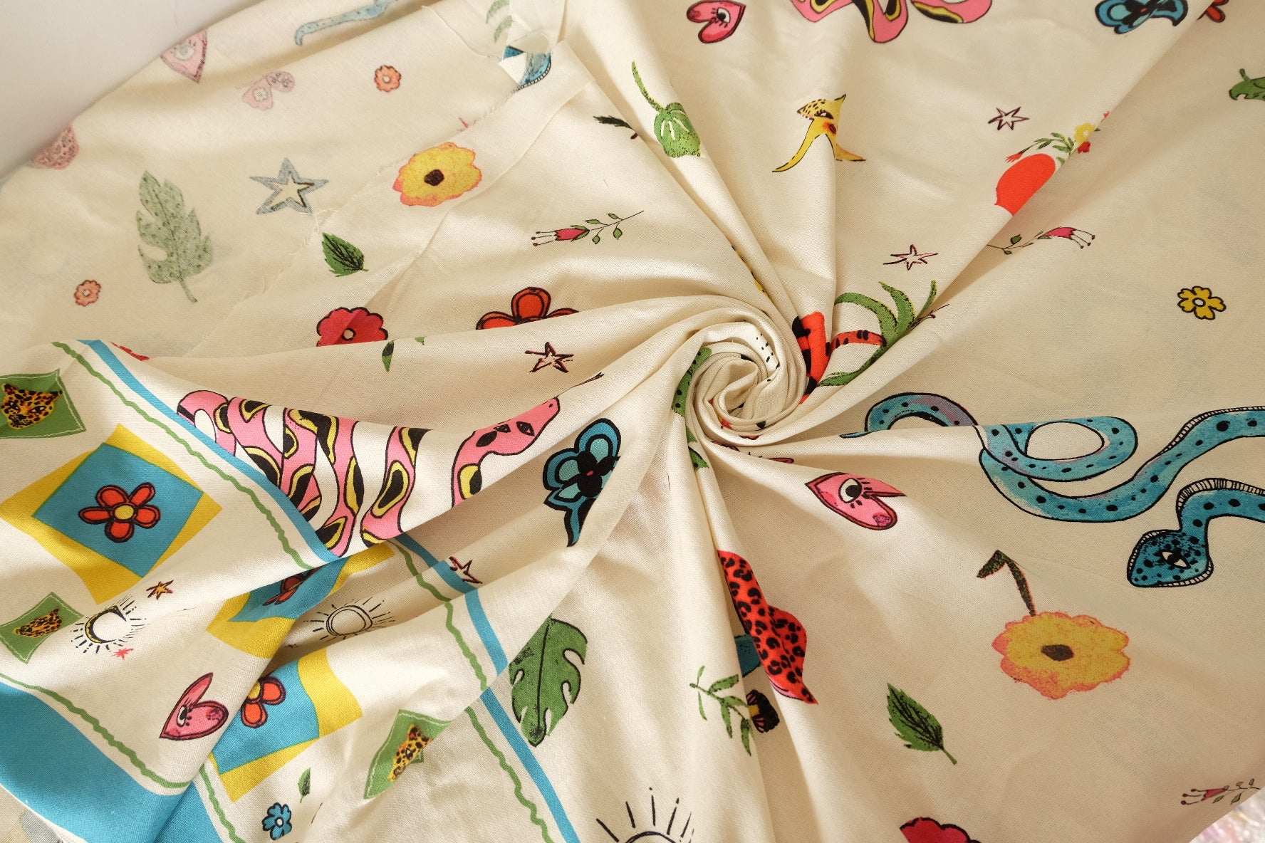 Whimsical Border Print Linen Cotton Fabric - 1.6 yd
