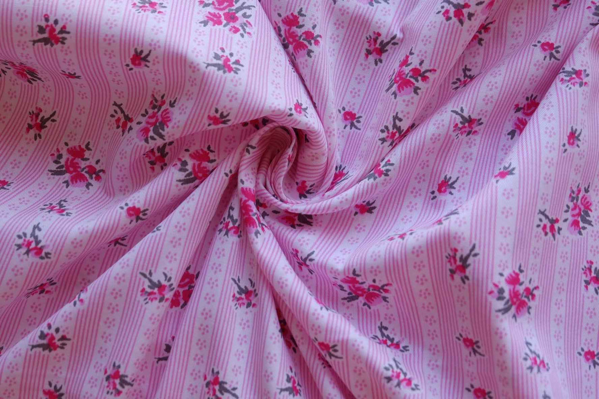 Vintage Pink Rose Stripe Soft Cotton Fabric – 3.28 yd