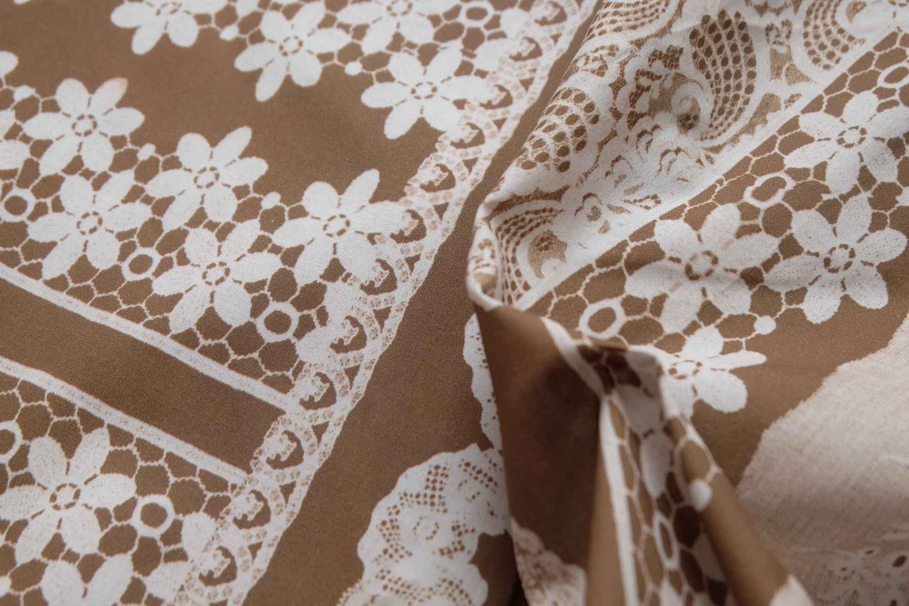 Lace Patchwork Cotton Poplin Fabric, Printed Vintage Tablecloth Look, 4.92 Yards