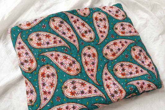 Teal Paisley Floral Textured Cupro Fabric,  1.86/2.2 Yards