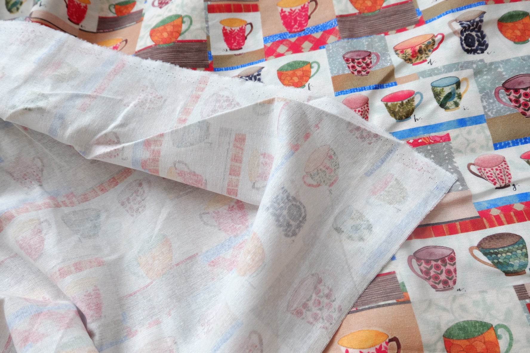 Teacup Collage Cotton Linen Fabric - 1.64 yd