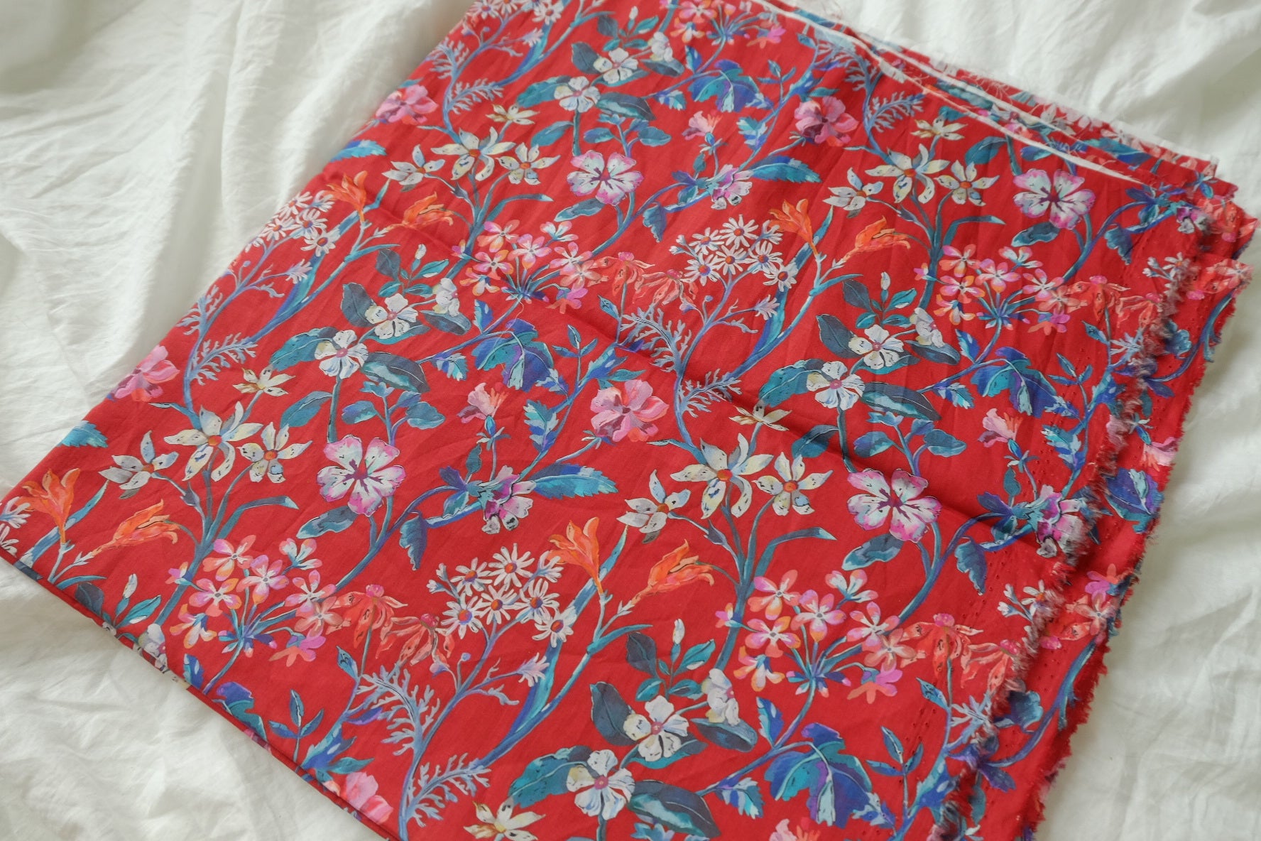 Red Floral Cotton Lawn Fabric, Light & Silky, 3.3 Yards