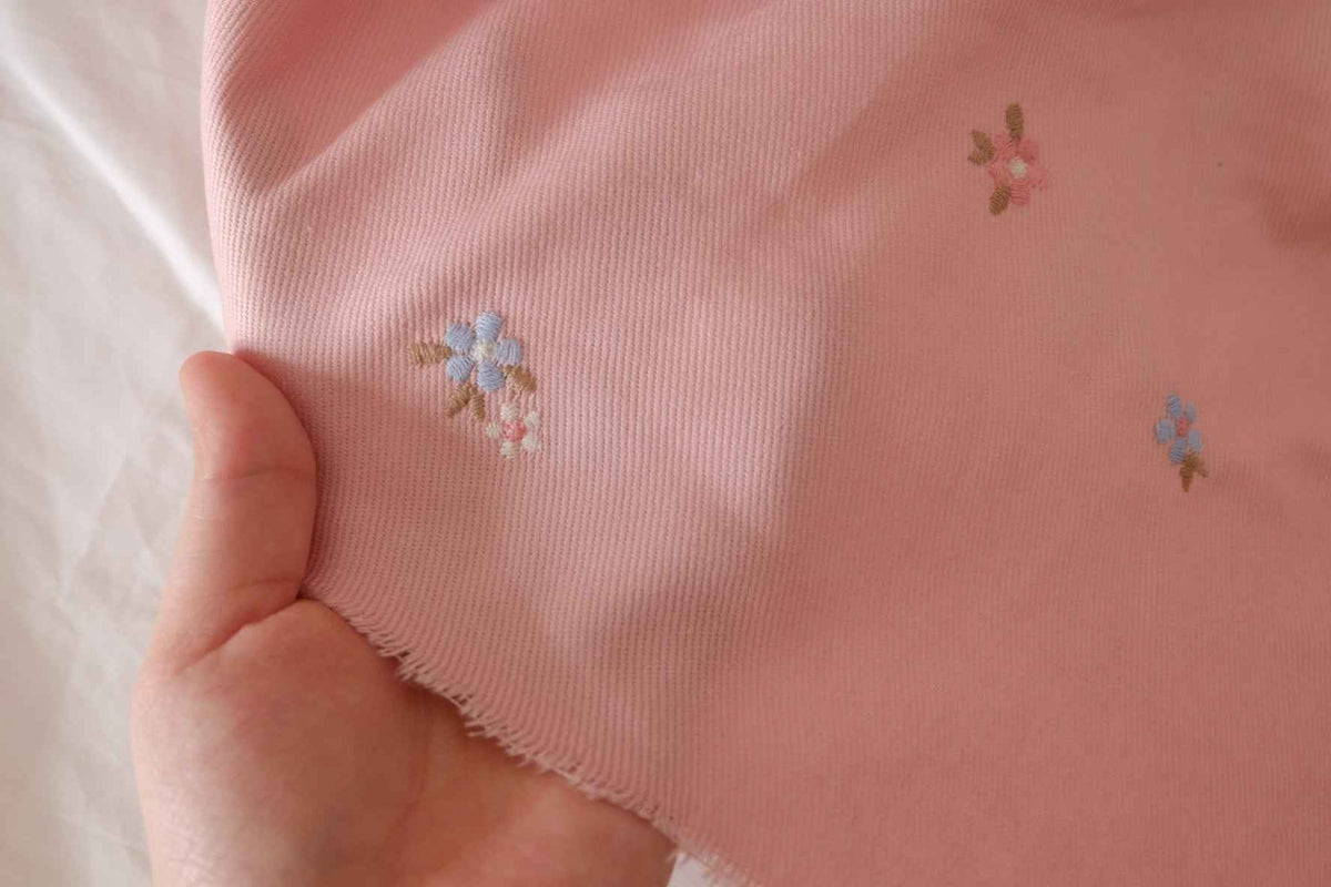 Pink Floral Embroidered Cotton Twill — 2.19 yd