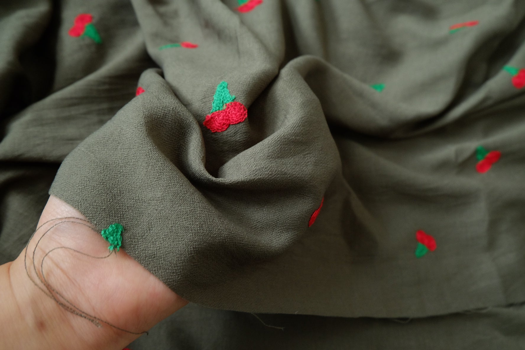 Cherry Embroidered Linen Cupro Blend Fabric, 2.19 Yards