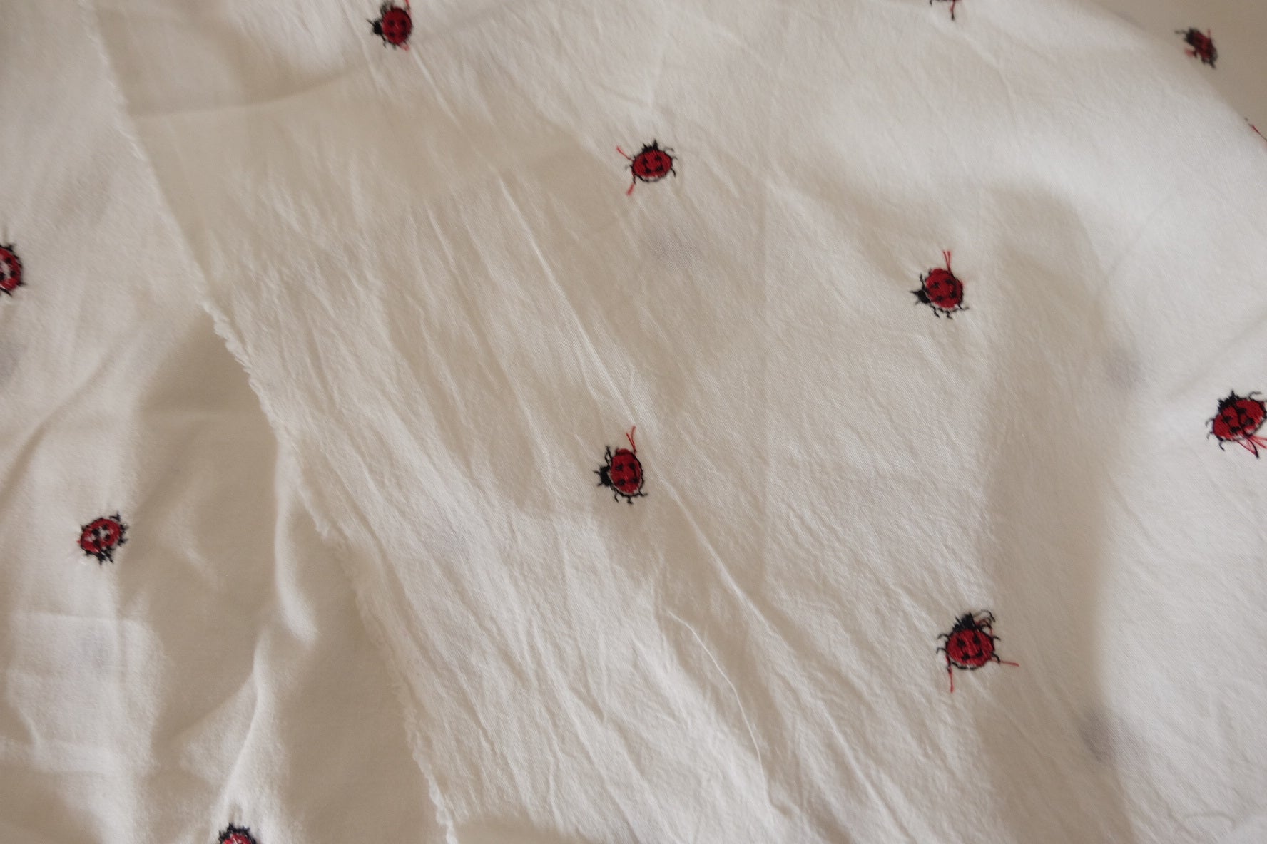 Ladybug Embroidered Washed Cotton Linen Fabric – 2.2 yd