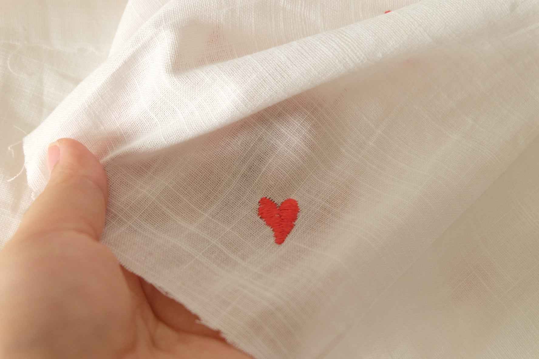 Embroidered Red Heart Slub Cotton Linen Fabric – 2.2 Yards