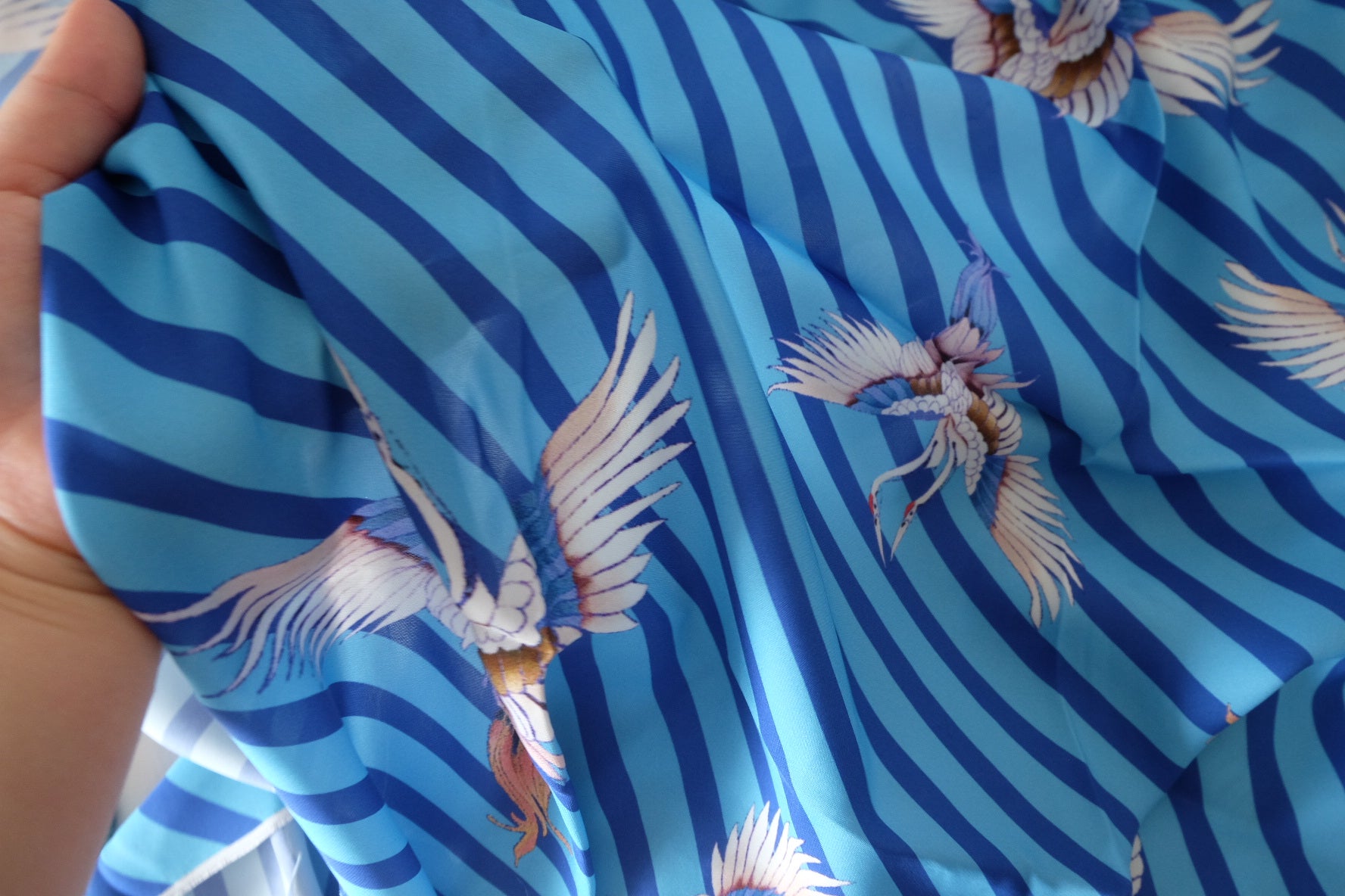 Blue Stripe & Flying Crane Silk-Tencel Double Georgette – 3.28 yd