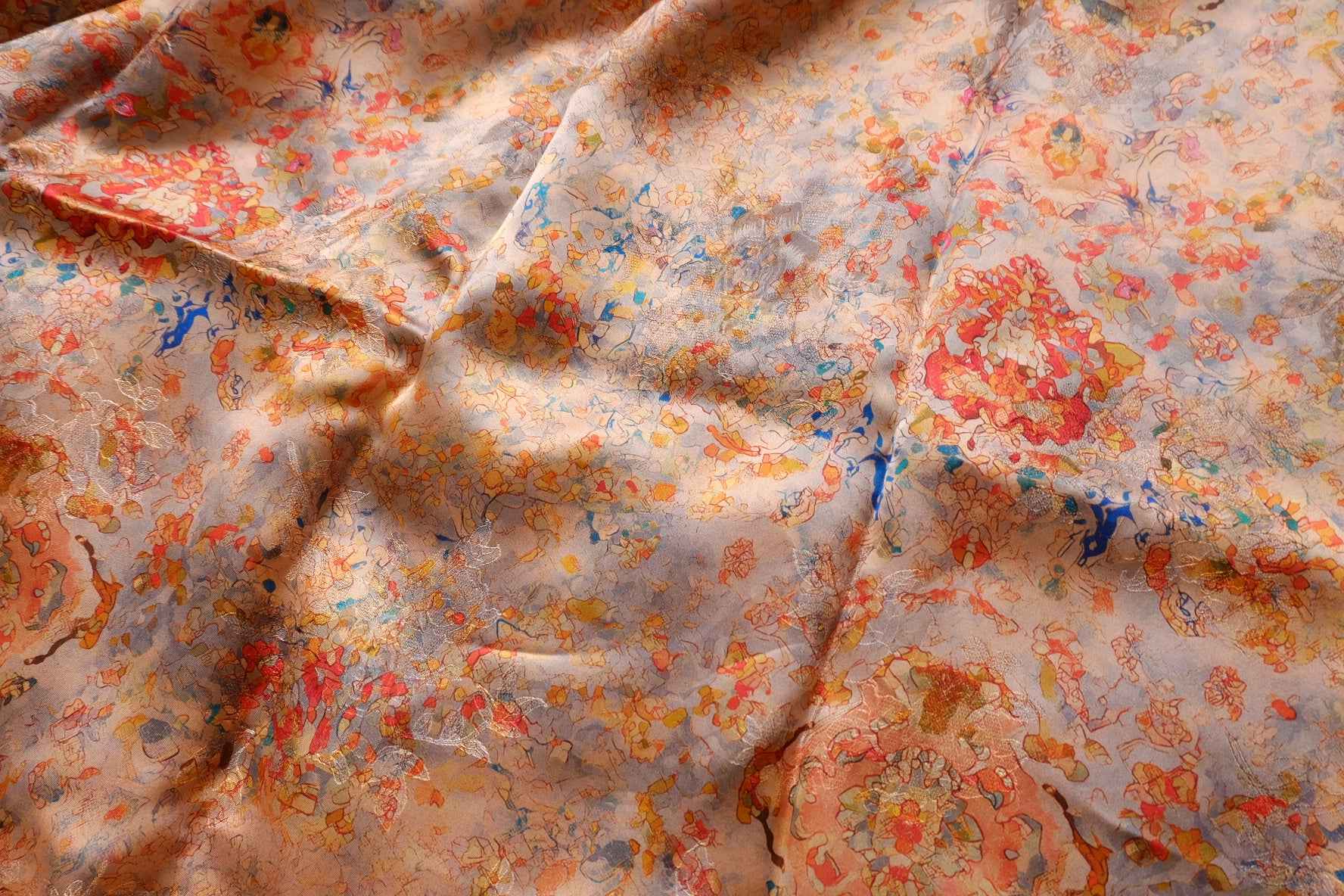 Abstract Dunhuang Silk Jacquard Fabric, Glossy Fluid Art Textile, 2.19 Yards