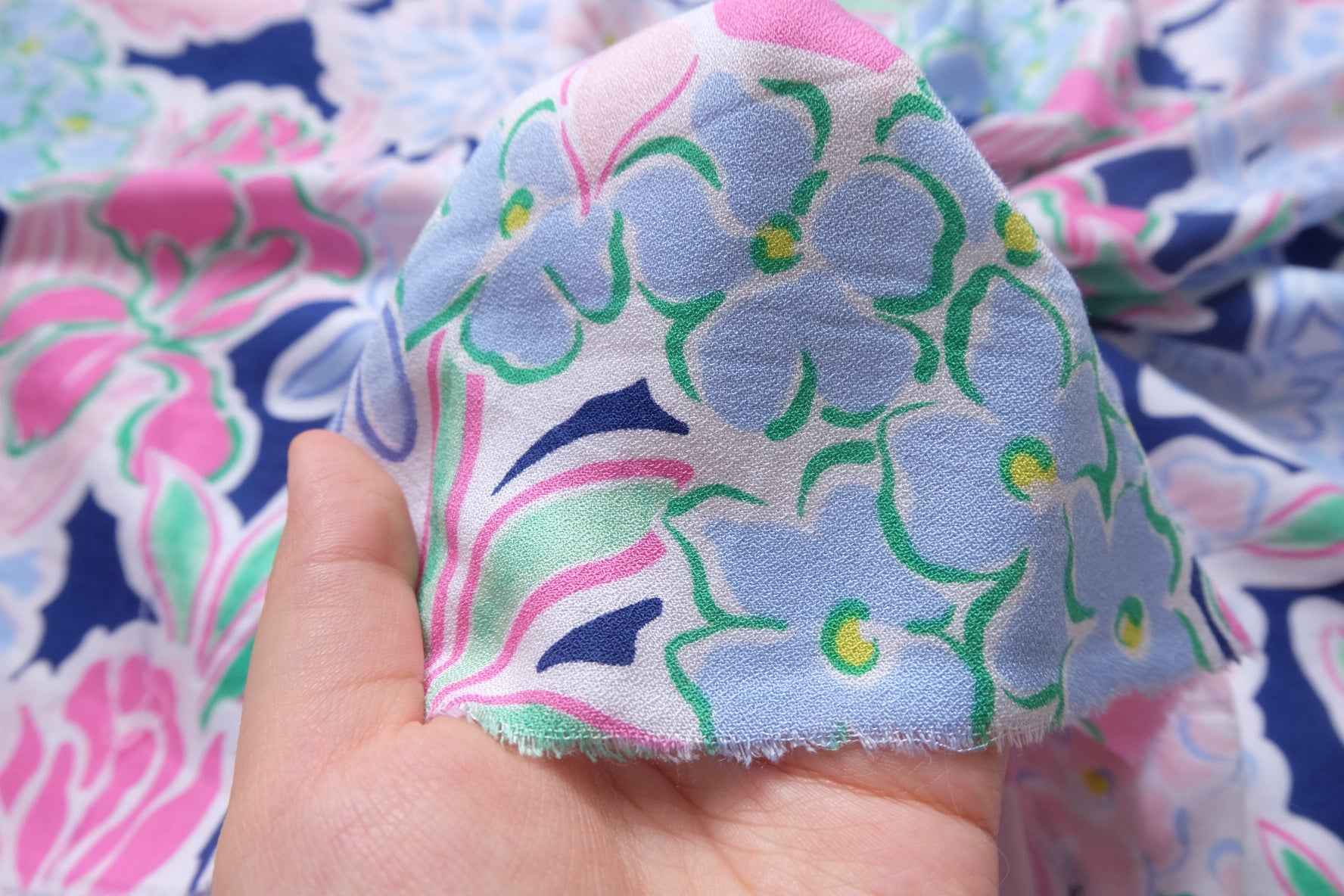 Pink Blue Floral Rayon Dress Fabric, Soft Drapey Summer Weight, 2.19 Yards