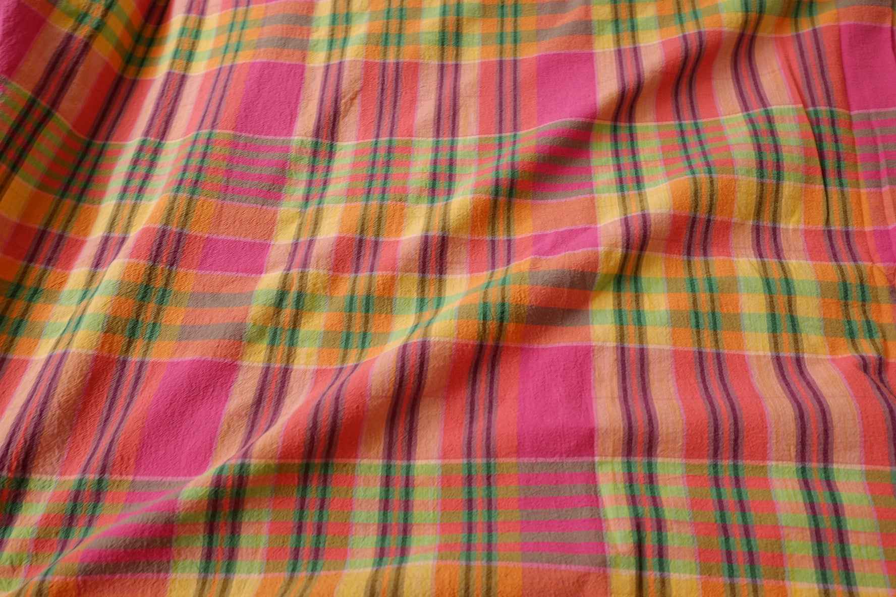 Vietnamese-Inspired Plaid Washed Linen Cotton Fabric, Textured Summer Check, 2.19 Yards