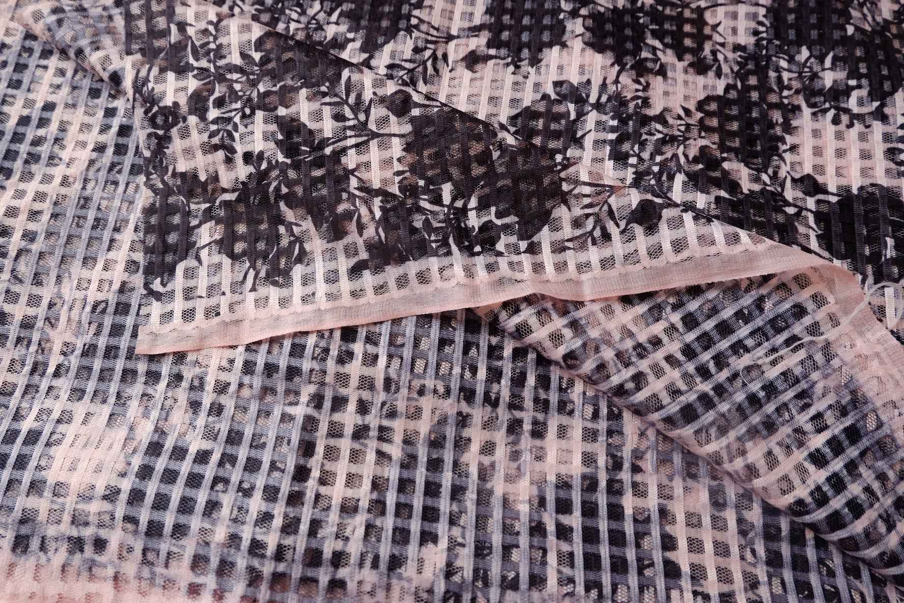Black Floral Check Printed Mesh Fabric - 2.52 yd
