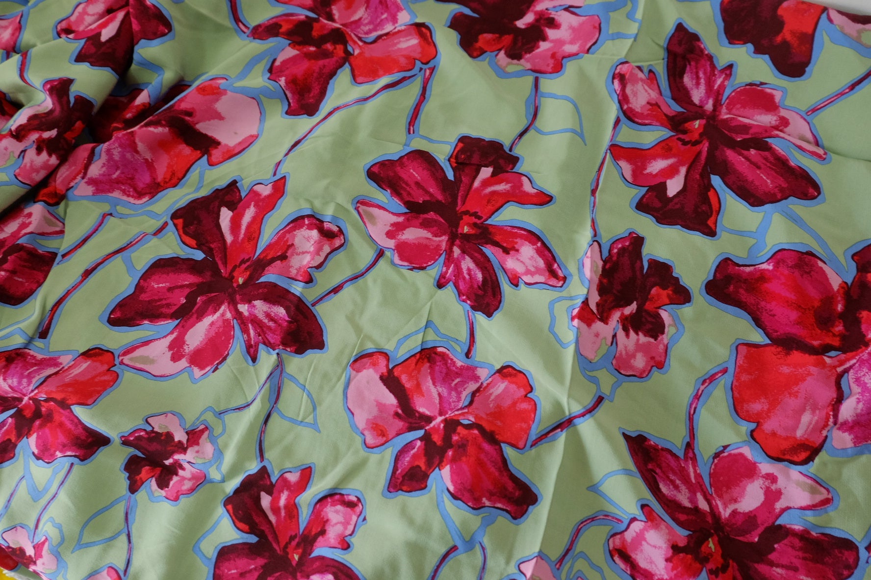 Designer Deadstock Rayon Fabric – Bold Floral Print on Sage Green – 2.7 yd