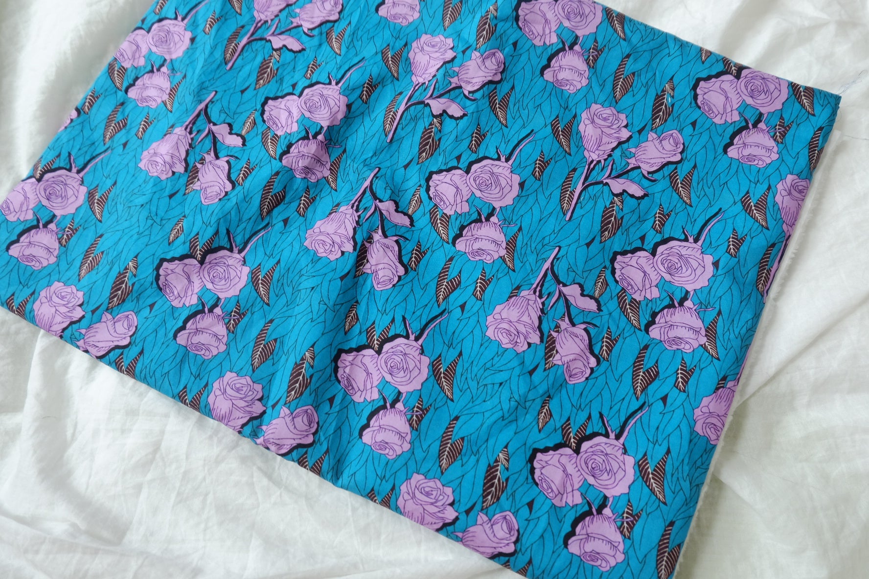 Teal Purple Rose Cotton Lawn Fabric - 2.30 yd