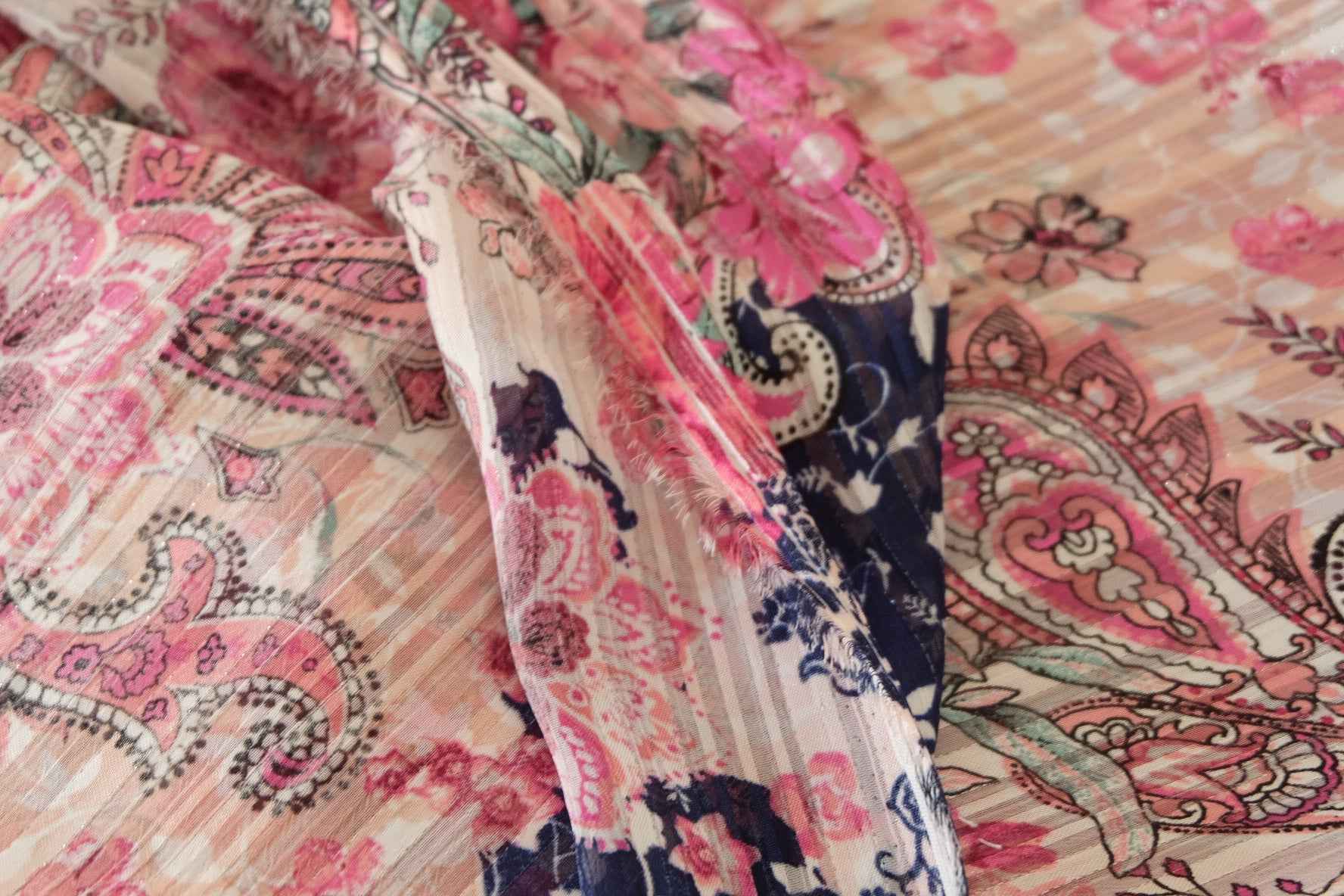Floral Paisley Silver Lurex Chiffon Fabric – Pink Boho Print – 2.7 yd Cut