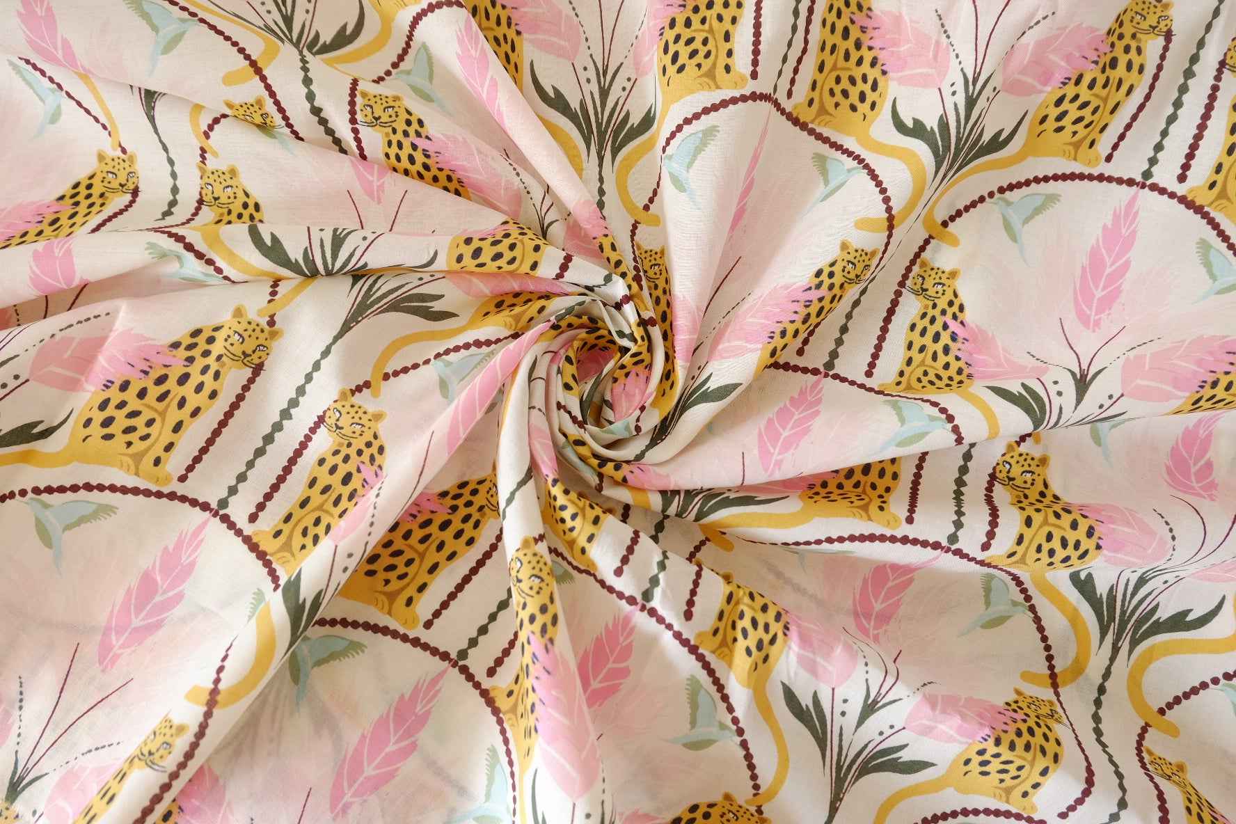 Retro Leopard Garden Cotton Fabric – Pink & Cream Print – 2.2 yd