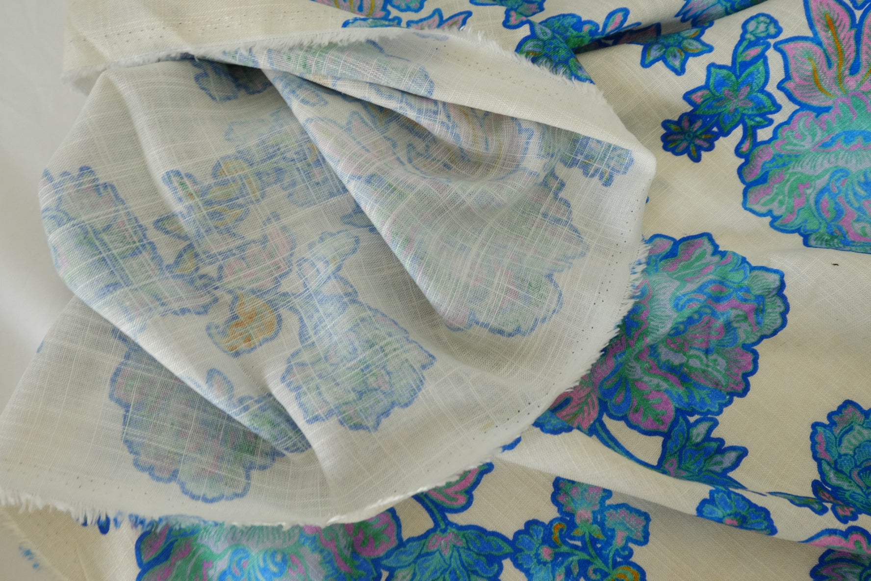Blue Paisley Floral Linen Cotton Blend Fabric – 2.2 yd