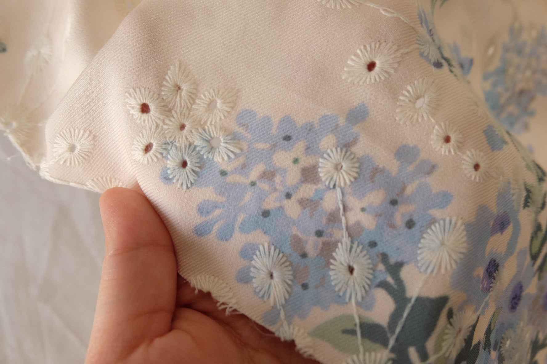 Blue Floral Embroidered Cotton Blend Fabric – 3.3 yd