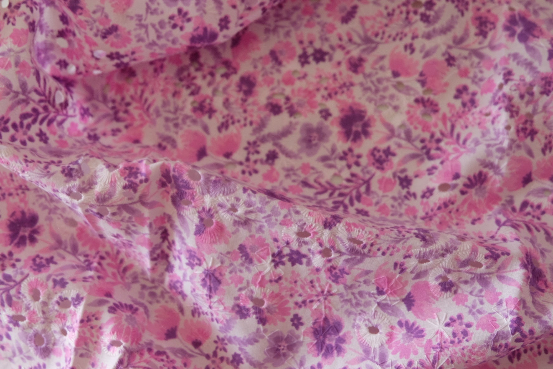 Lavender Floral Eyelet Embroidered Cotton Fabric – Soft Romantic Print – 2.2 yd