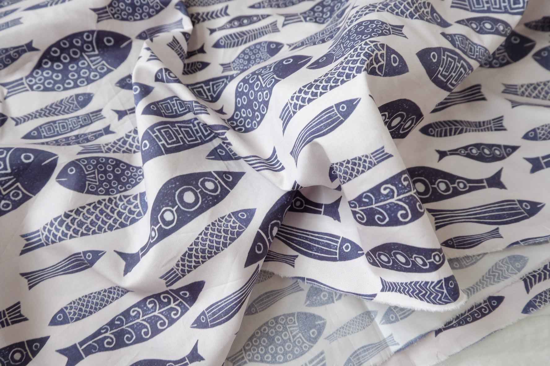 Navy Fish Print Dense Cotton Twill — 2.19 yd Piece