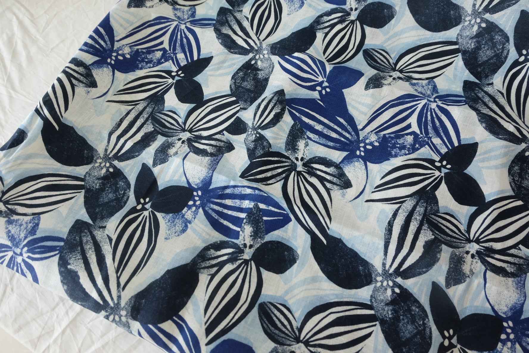 Blue Black Floral Heavy Pure Linen — 2.19 yd