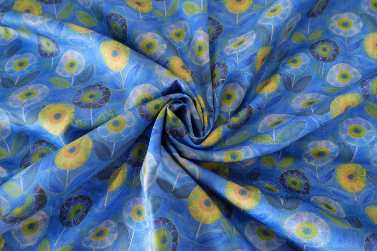 Blue Daydream – Whimsical Floral Cotton Sateen Fabric | 2.2 Yards