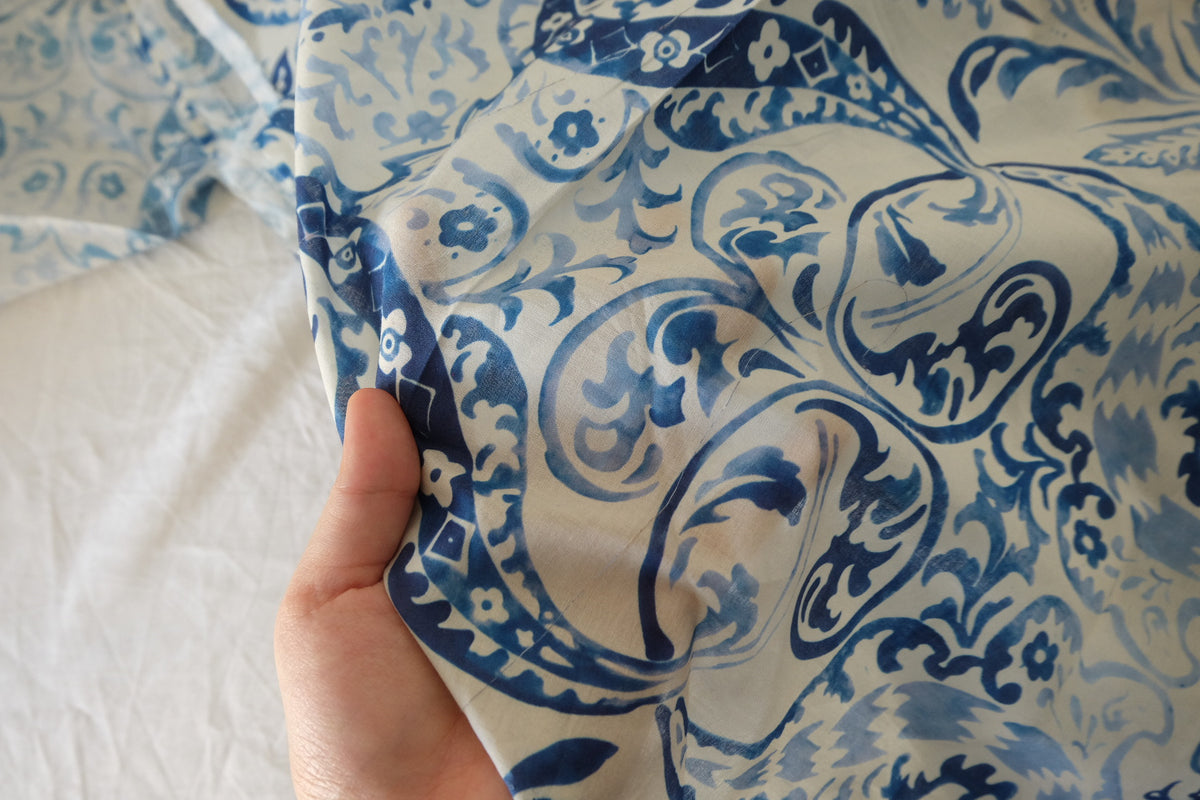 Blue Porcelain Paisley Cotton Voile – 3.3 Yards