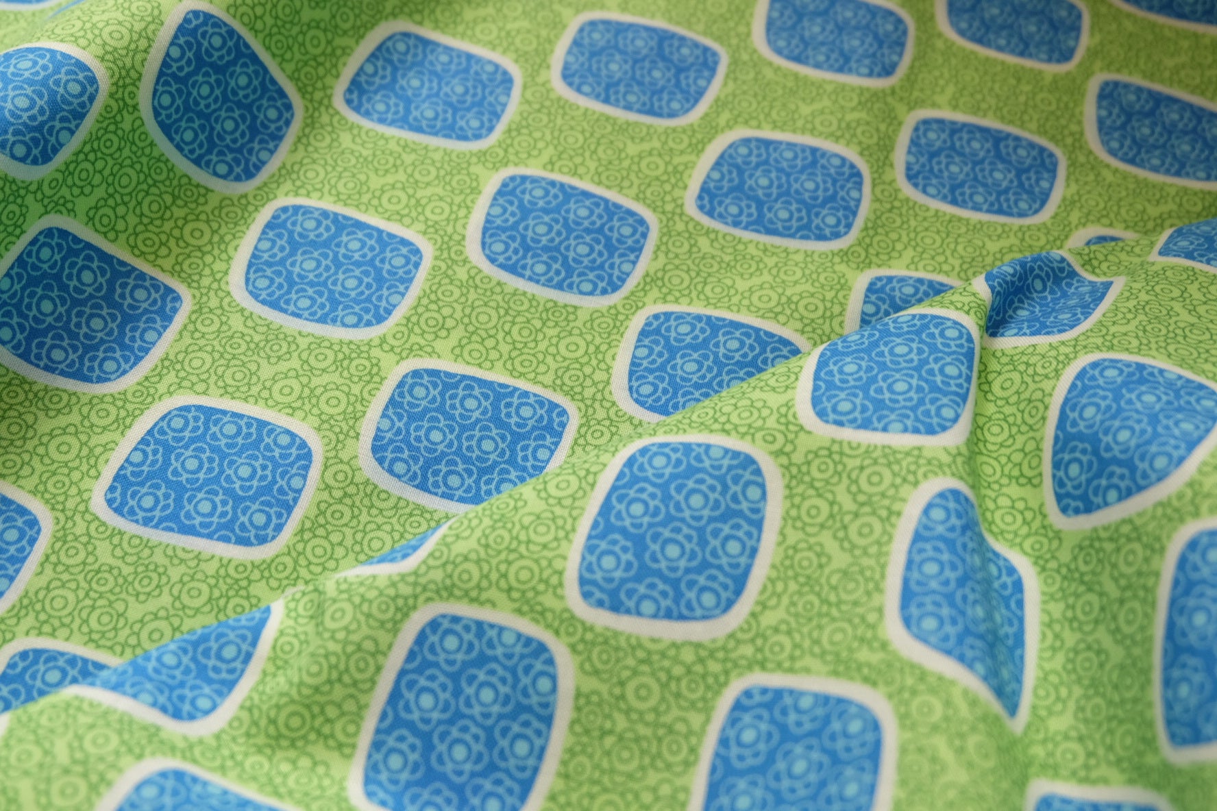 Retro Geometric Cotton, Blue & Green, 3.3 Yards