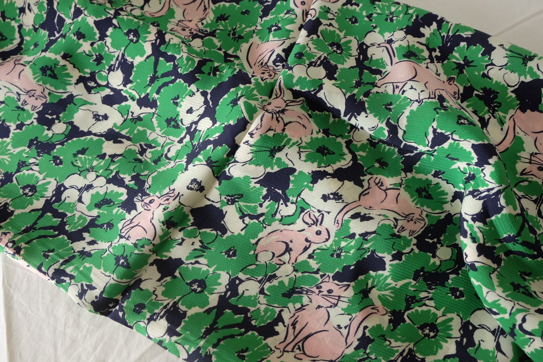 Green Rabbit & Floral Textured Cupro Fabric – 1.64 yd