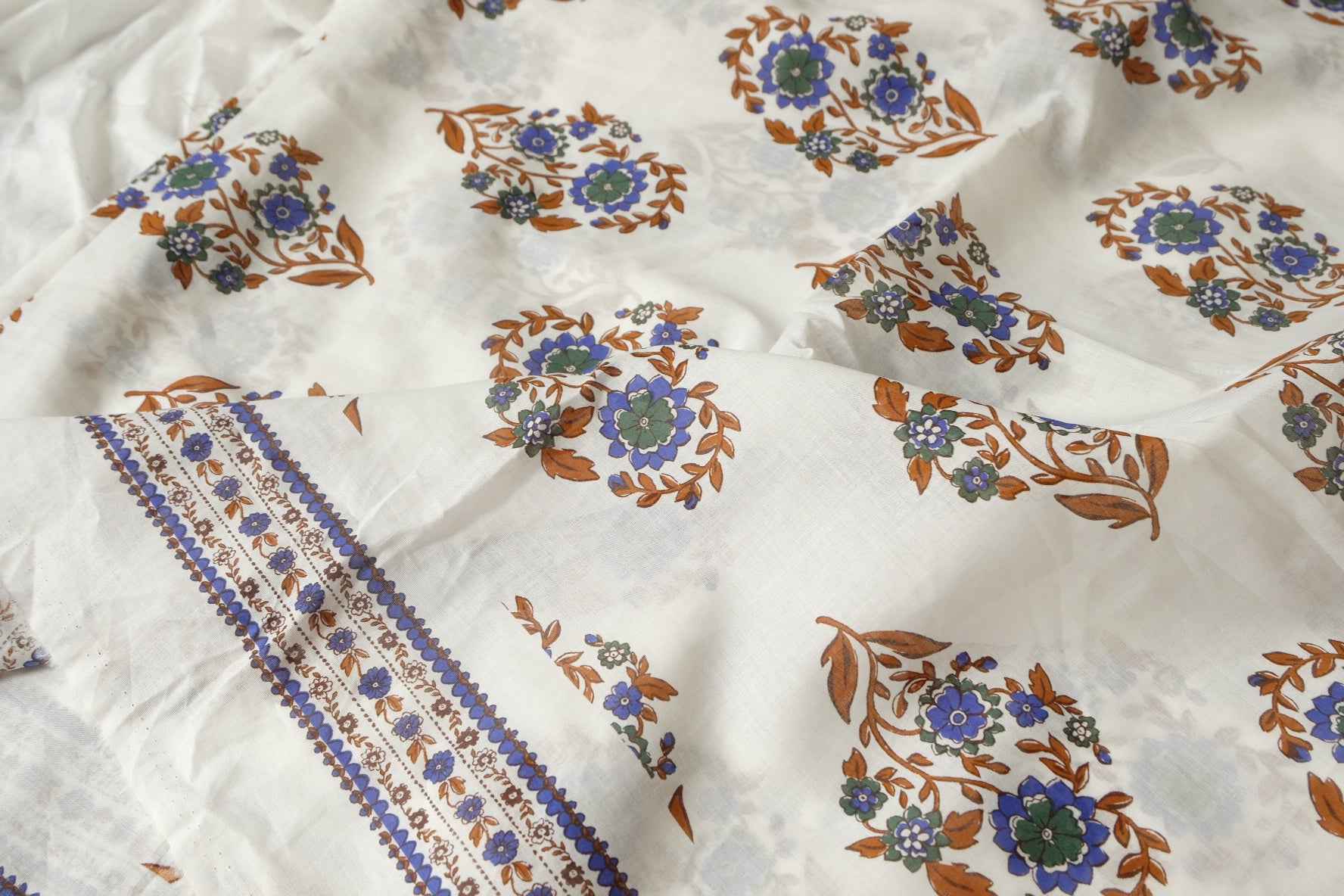 Border Floral Tencel Cotton Voile Fabric, Sheer Lightweight Dress Weight, 2.19 Yards
