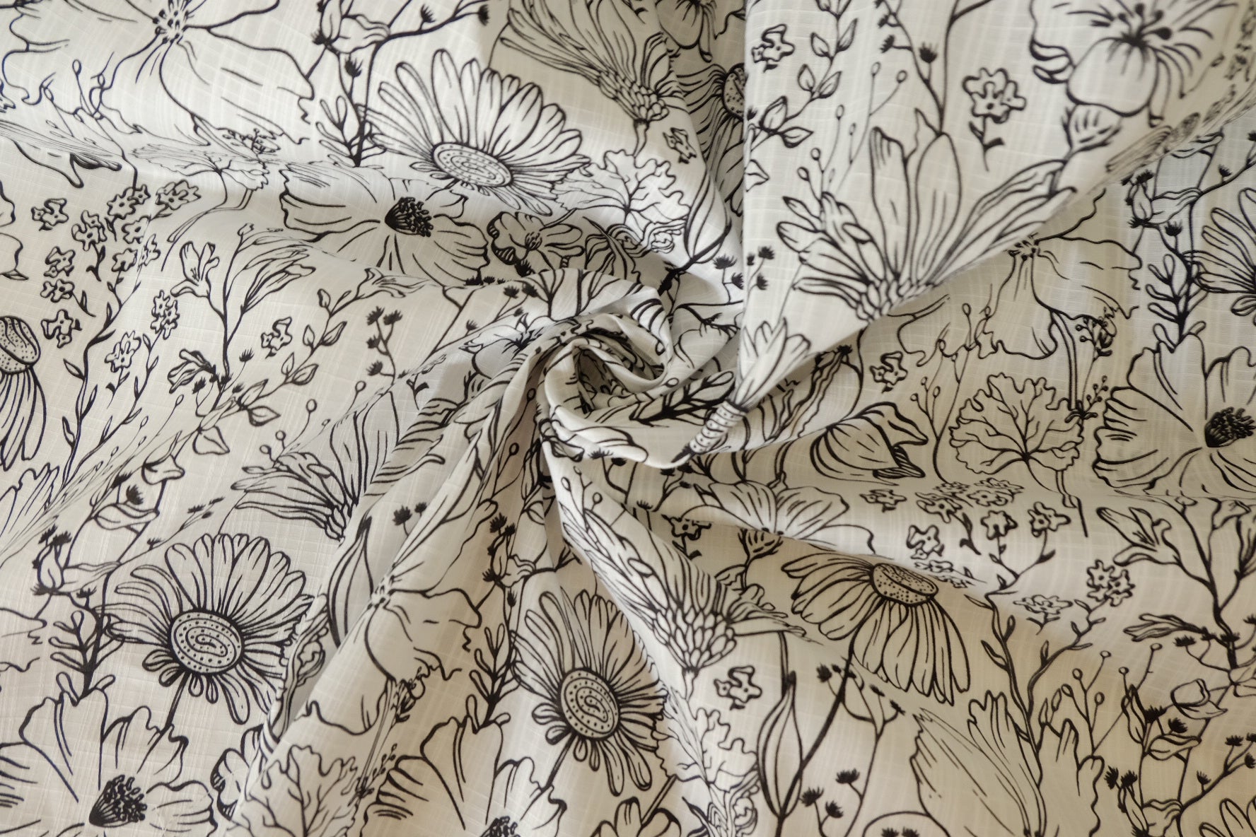 Black Line Floral Slub Cotton Fabric – 1.6 yd