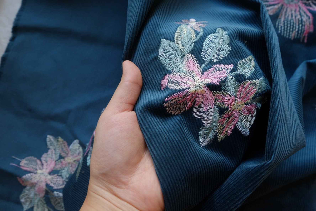 Midnight Teal Floral Embroidered Cotton Corduroy Fabric