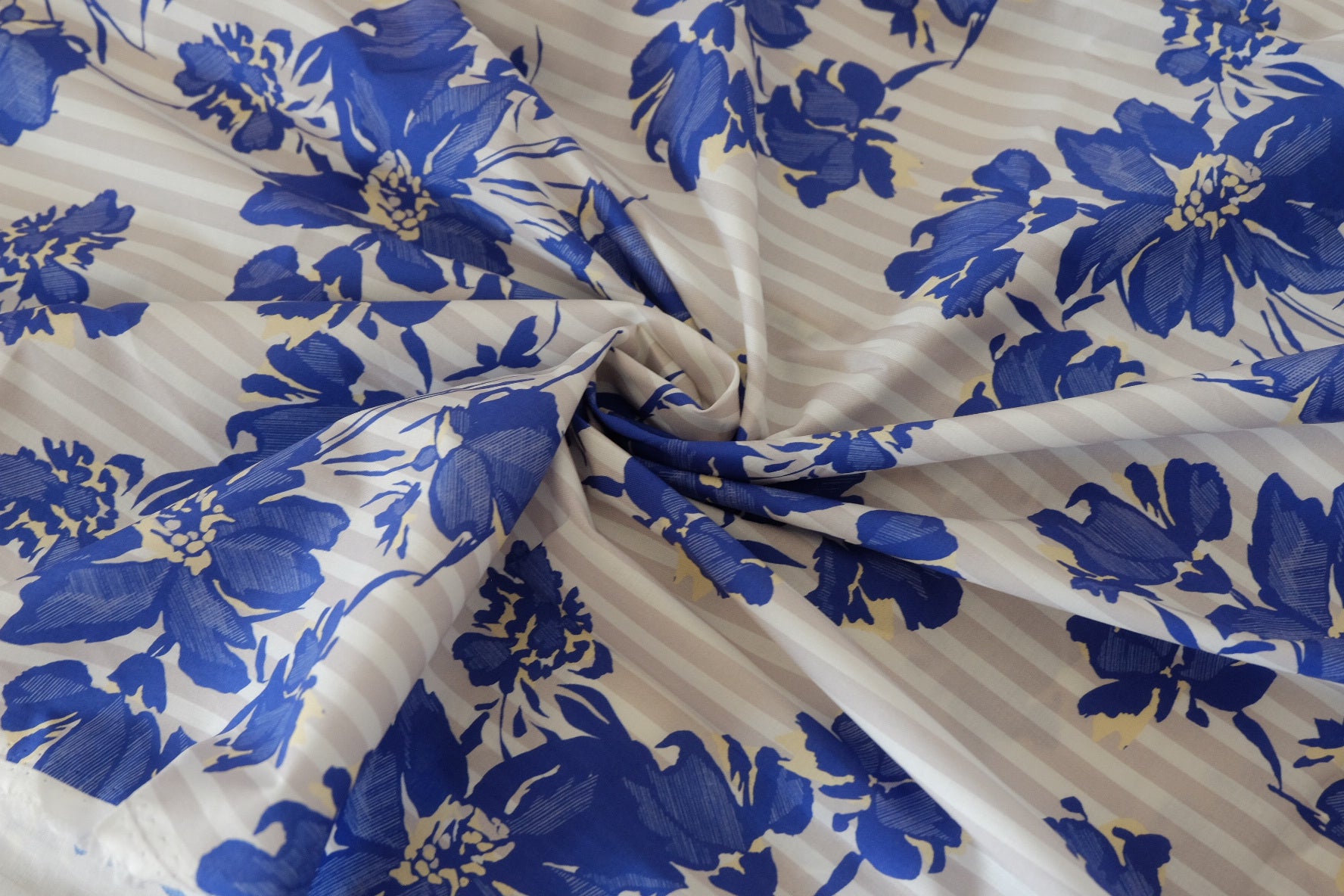 Blue Floral Stripe Cotton Lawn Fabric – Lightweight Summer Garden Print – 1.6 yd
