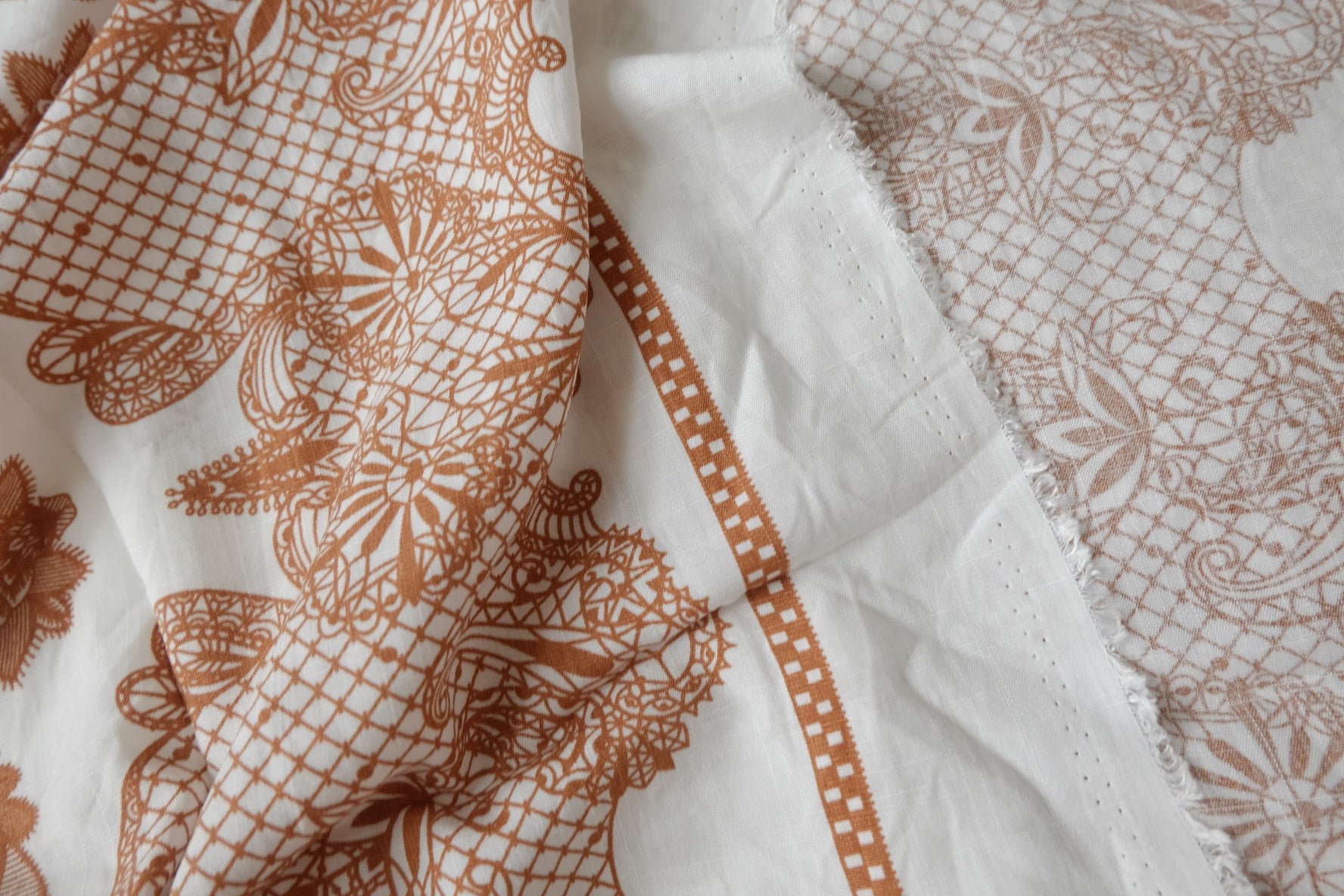 Border Print Cotton Linen Blend Fabric in Warm Caramel, 3.3 Yards