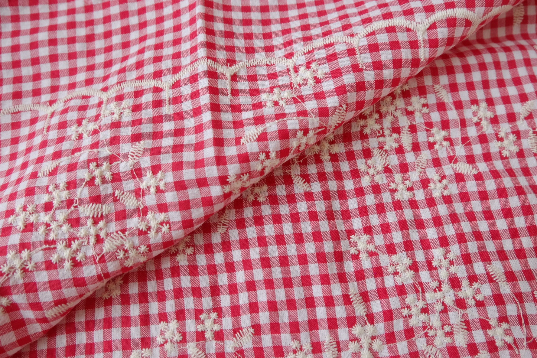 Red Gingham Embroidered Cotton Nylon, 2.19 Yards