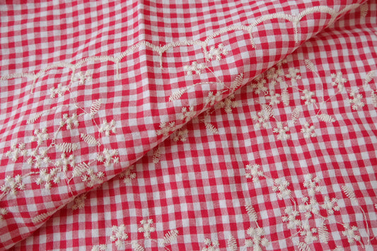 Red Gingham Embroidered Cotton Nylon, 2.19 Yards