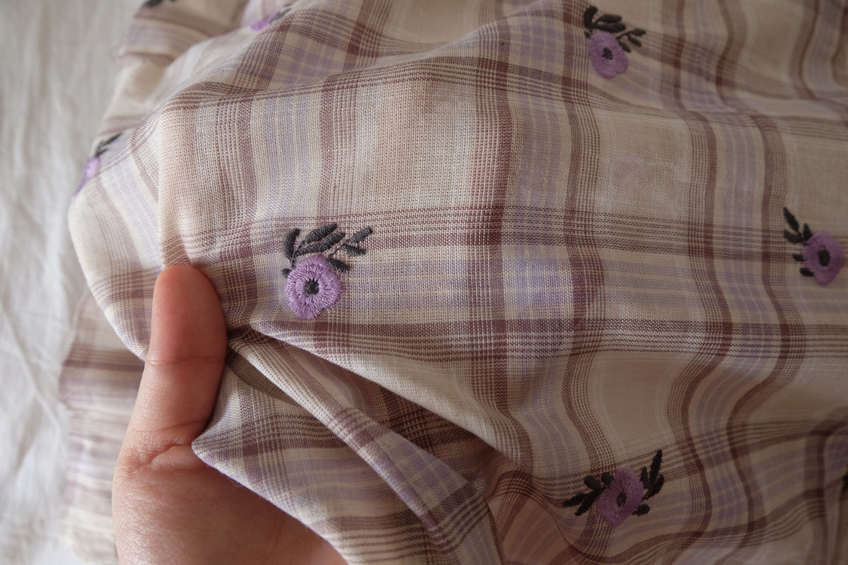 Lavender Flowers on Vintage Plaid – Embroidered Cotton – 1.4 yd