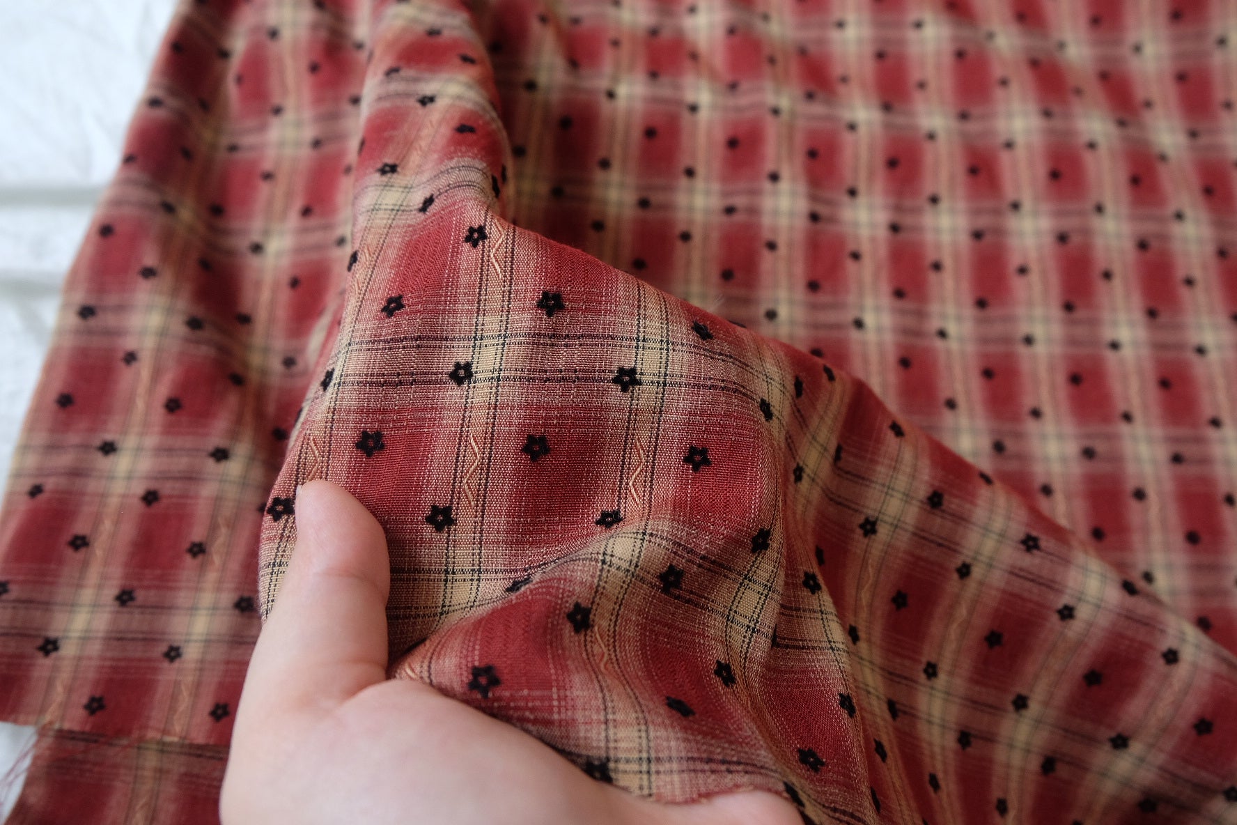 Flocked Little Black Floral Plaid Jacquard Cotton-Poly Shirting — 3.28 yd