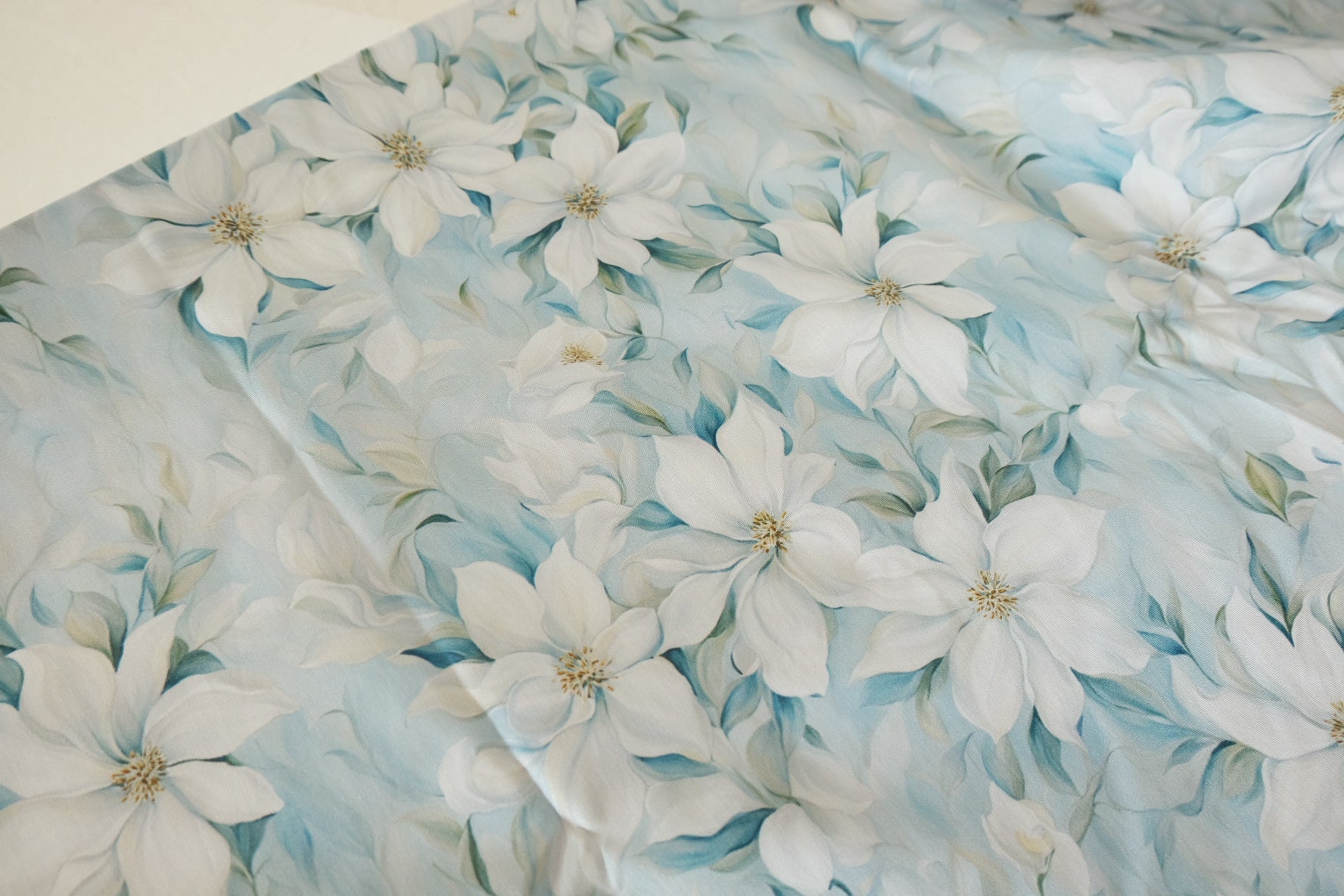 White Magnolia Floral Cotton Poplin Fabric – Soft Blue – 3.3 yd
