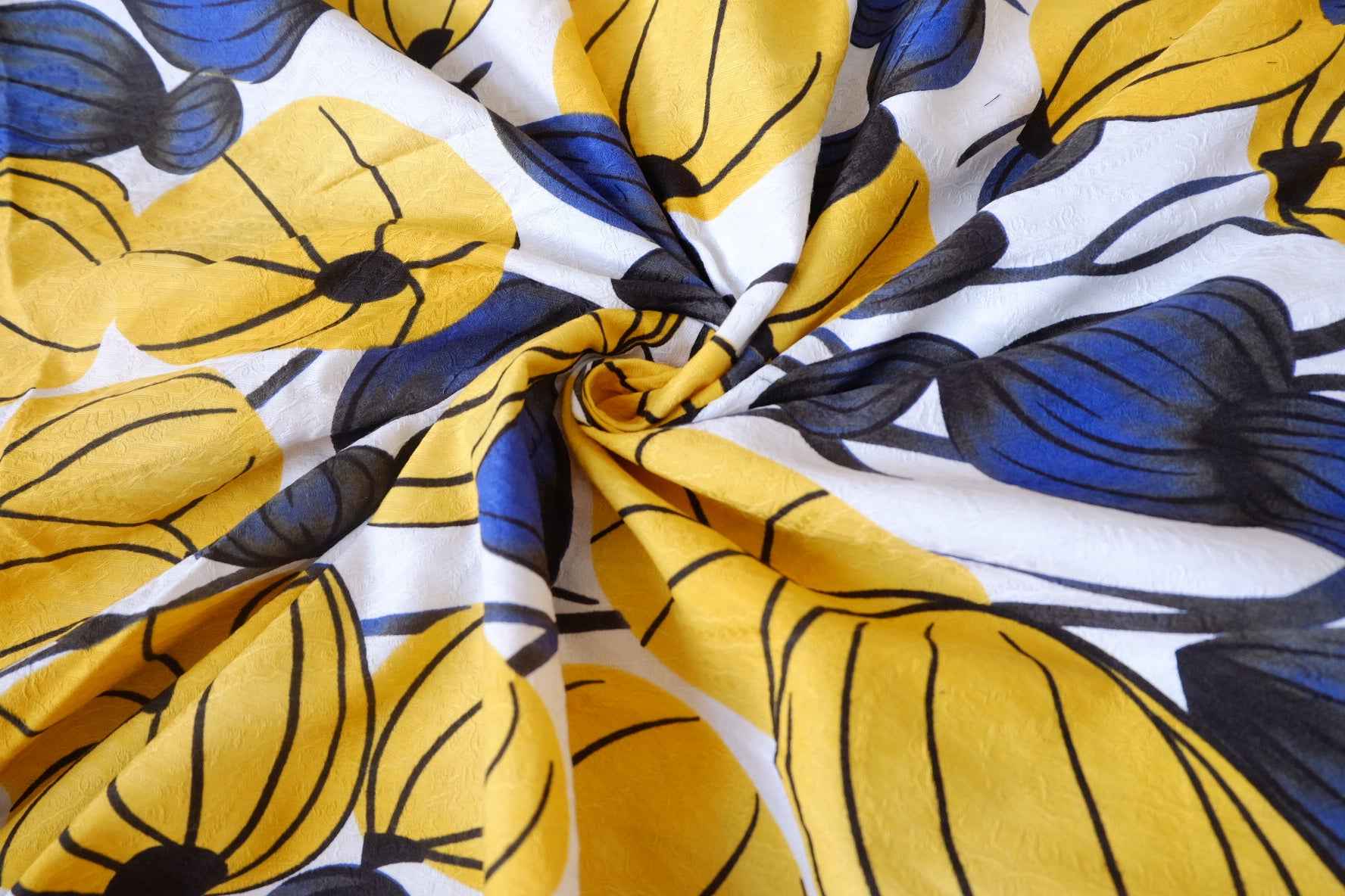 Bold Yellow Blue Botanical Jacquard Cotton Linen Fabric - 1.53 yd