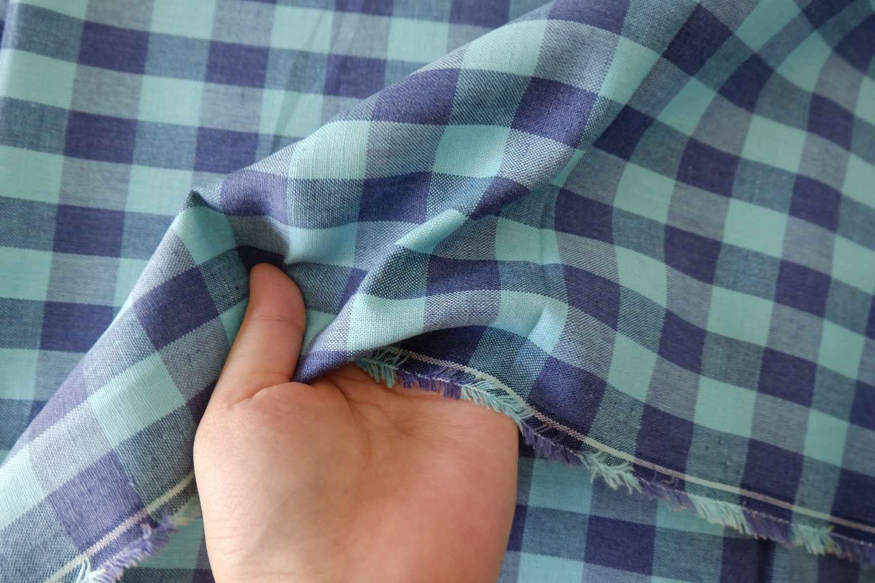 Woven Linen Cotton Plaid Fabric – Teal & Navy Check – 2.2 yd