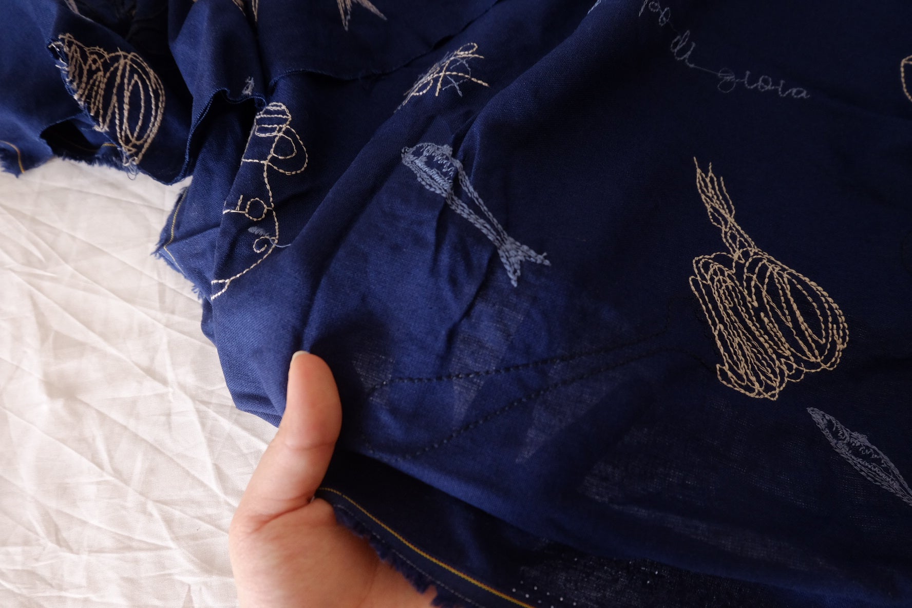Midnight Navy Seaside Still Life Embroidered Pure Linen Fabric – 1.64 yd Piece