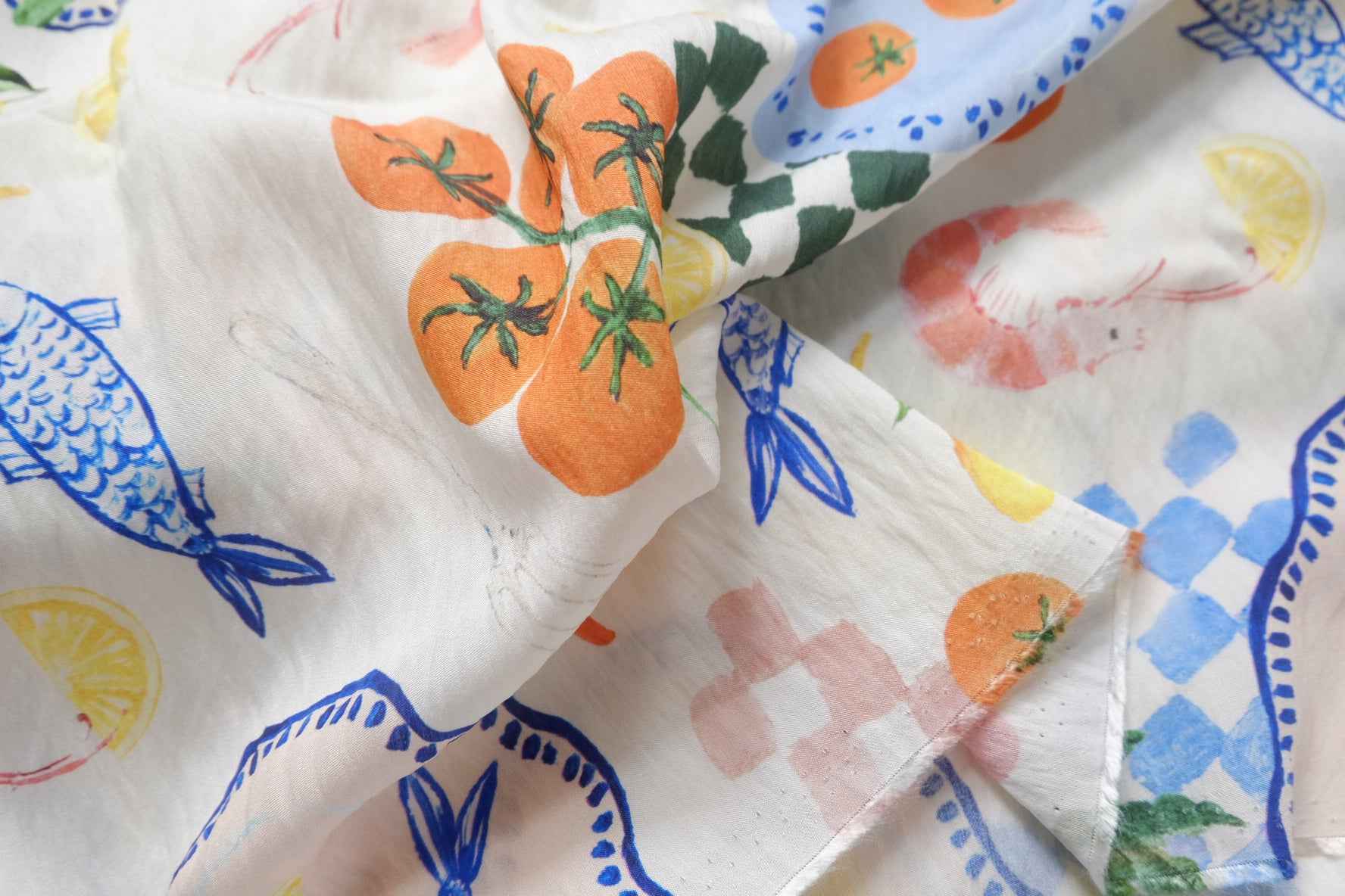 Playful Food Print Tencel Blend Fabric, Soft Lightweight, 2.19 Yards